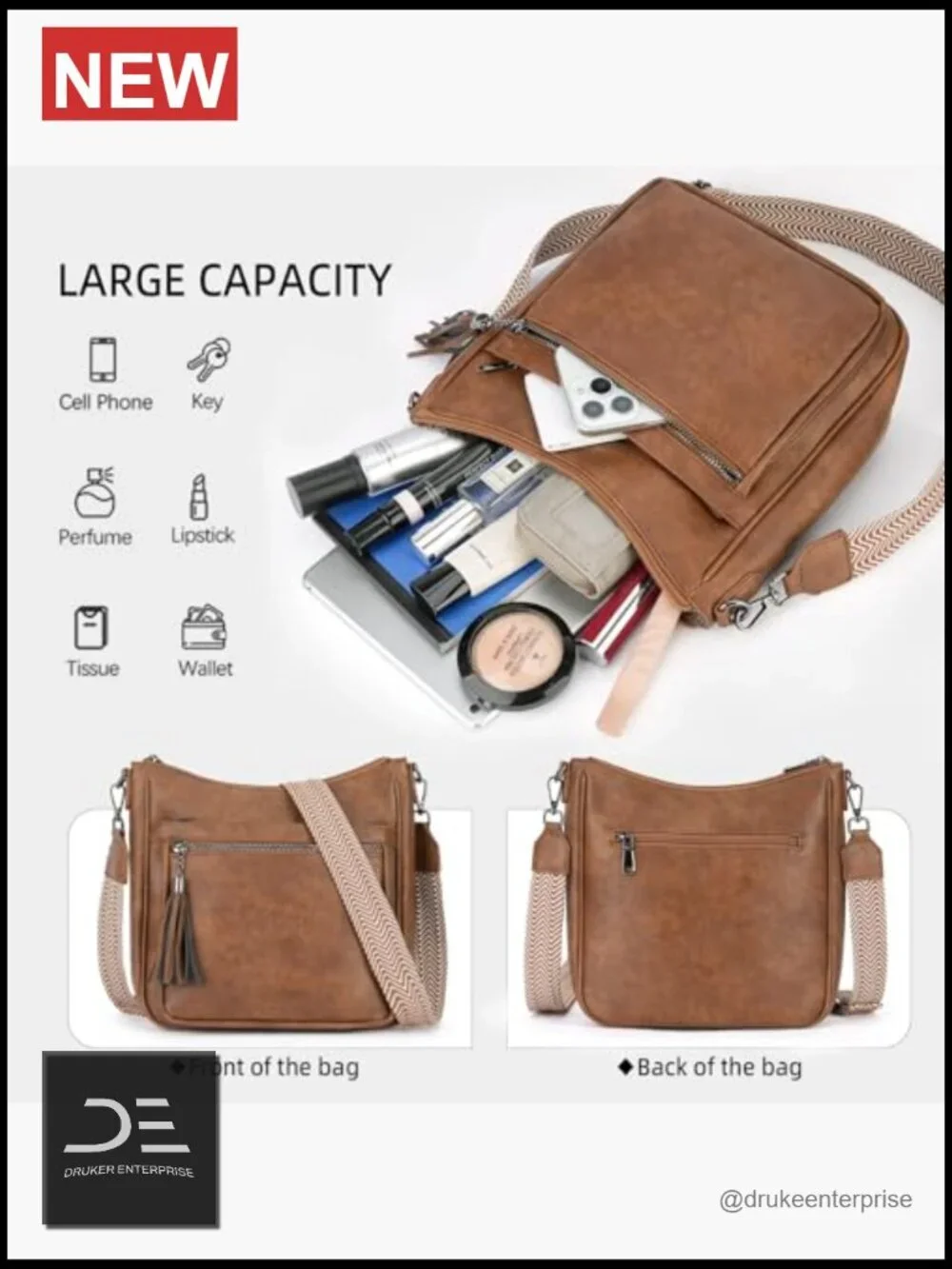 Vegan Leather Medium Crossbody Hobo Bag with Tassel, Lightweight Shoulder Purse